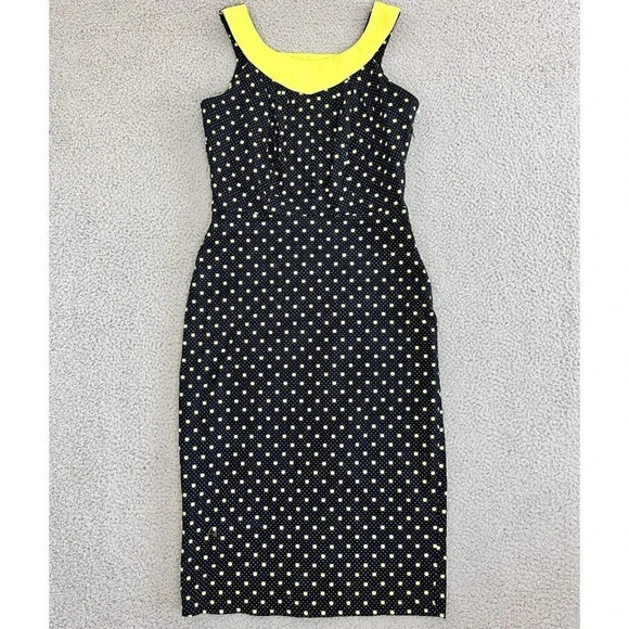 Bettie Page Las Vegas Dress Womens Medium Pin Up Retro Polka Dot Wiggle Pencil - Picture 1 of 16